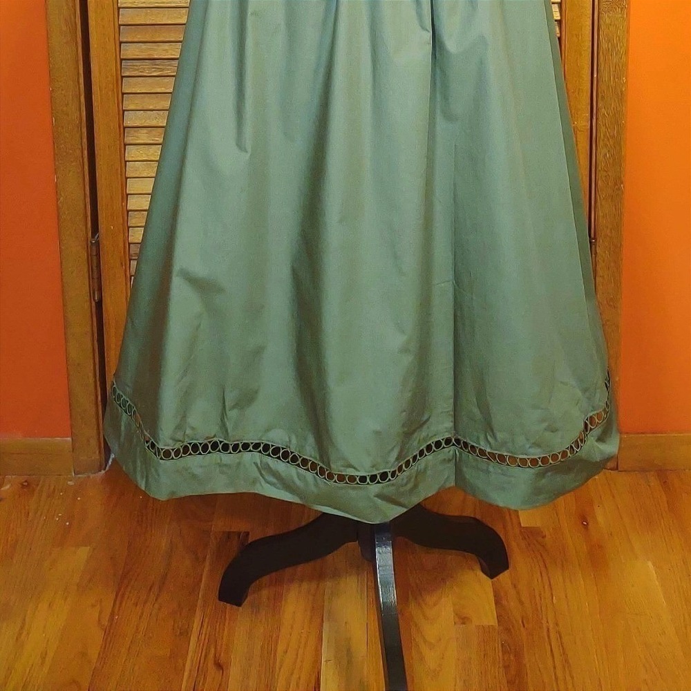 Olive Green Cotton Eyelet Maxi Skirt - Sheen Buttons Bow Tie Elastic Waist - M - Picture 4 of 13